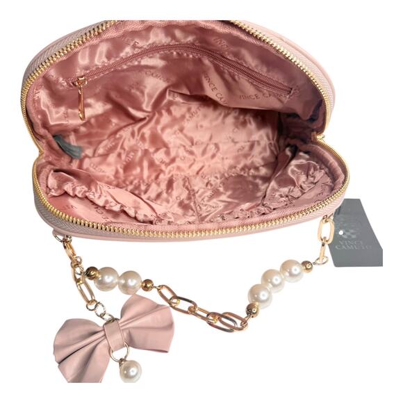Vince Camuto Cosmetic Bag Blush Pink Bow Gold Pearls Chain Zip 10.5" Makeup Case - Picture 6 of 7